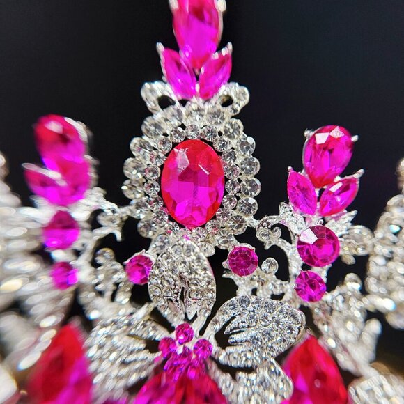 Silver Crystal Tiara, Bridal Flower Tiara, Fuchsia Crystal Tiara, Wedding Tiara main image 7